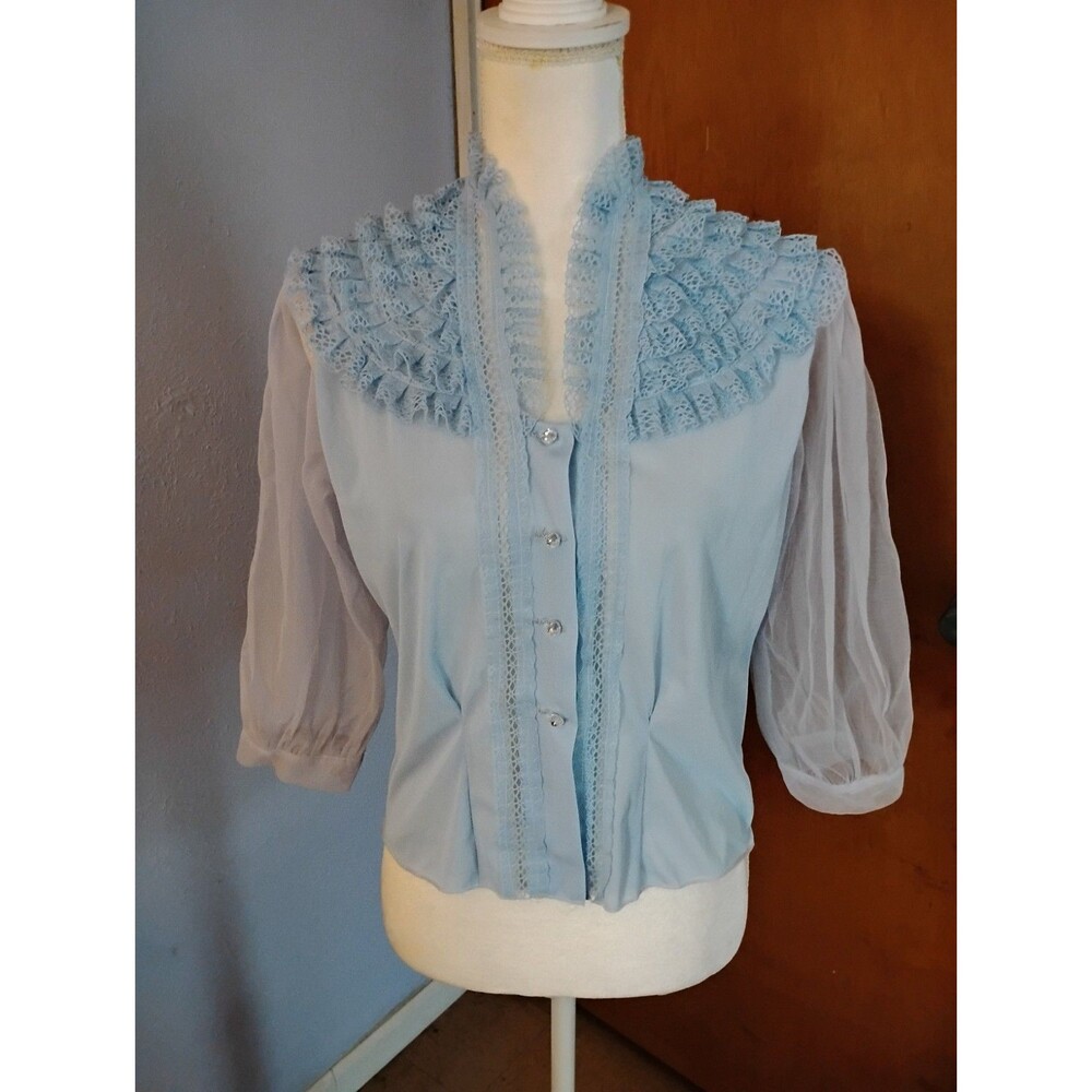 Mark Lee Original Vintage 50s 60s Blue Sheer Ruffle Lace-Trim Puffed Sleeve Top